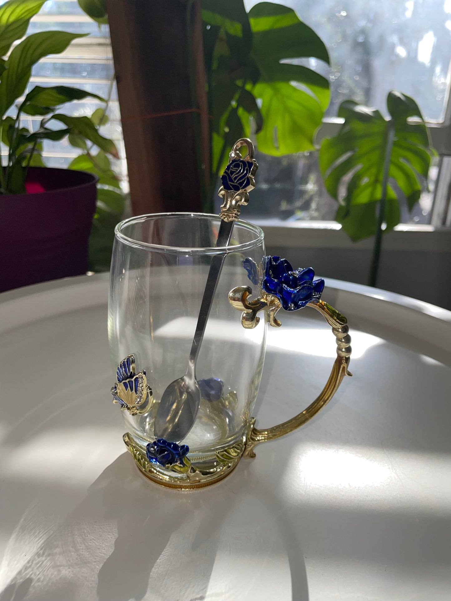 Glass Blue and Gold Rose Mug