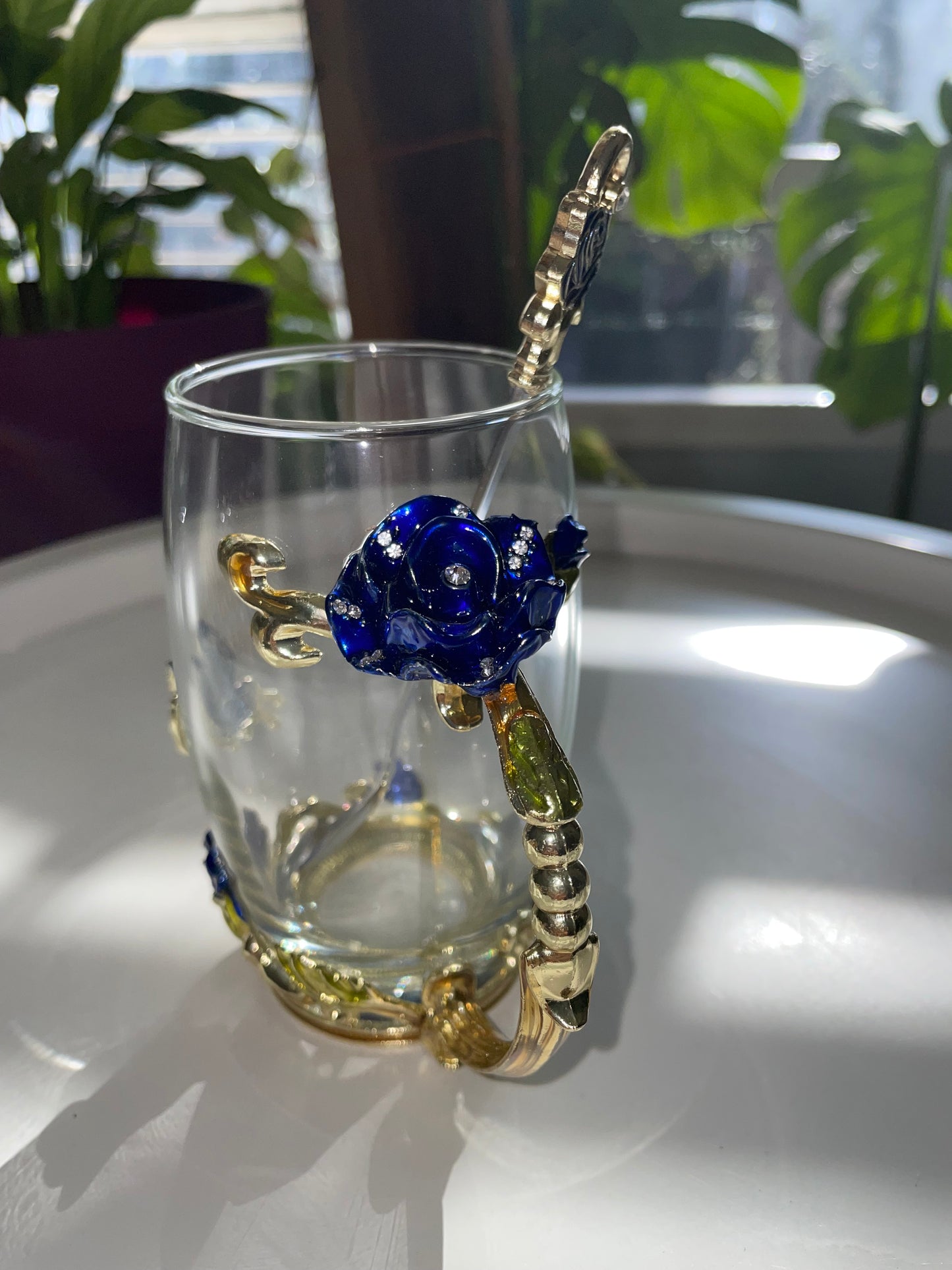 Glass Blue and Gold Rose Mug