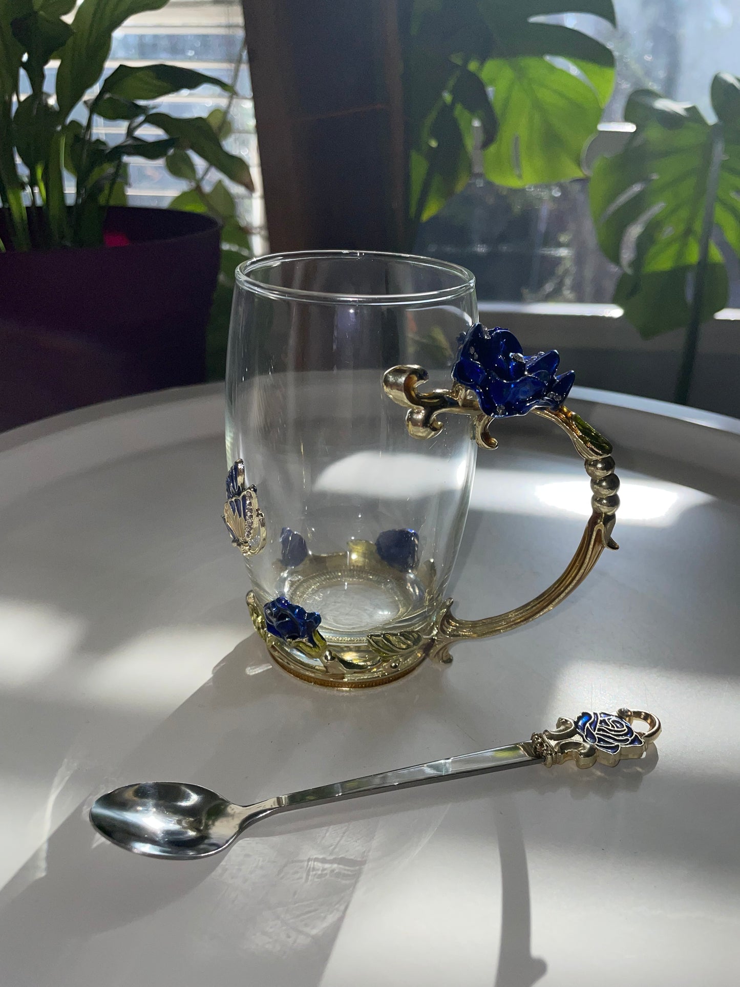 Glass Blue and Gold Rose Mug