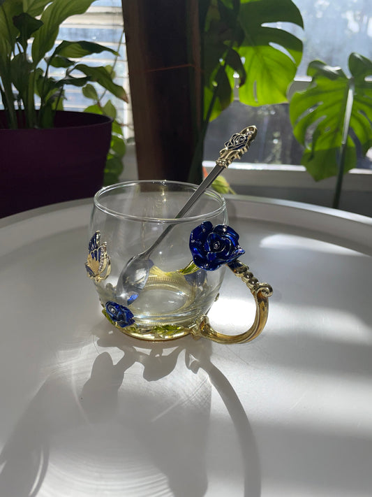 Glass Rose Blue Coffee Cup