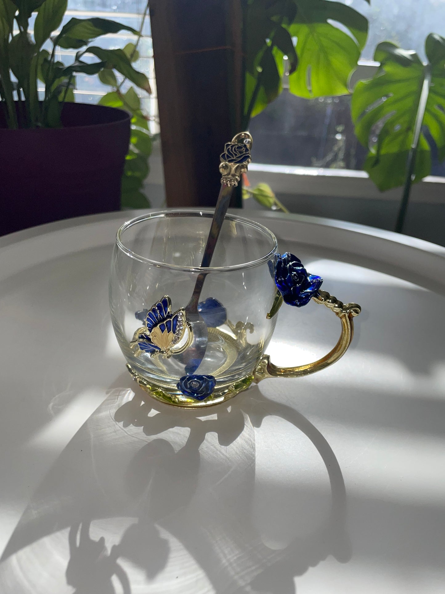 Glass Rose Blue Coffee Cup