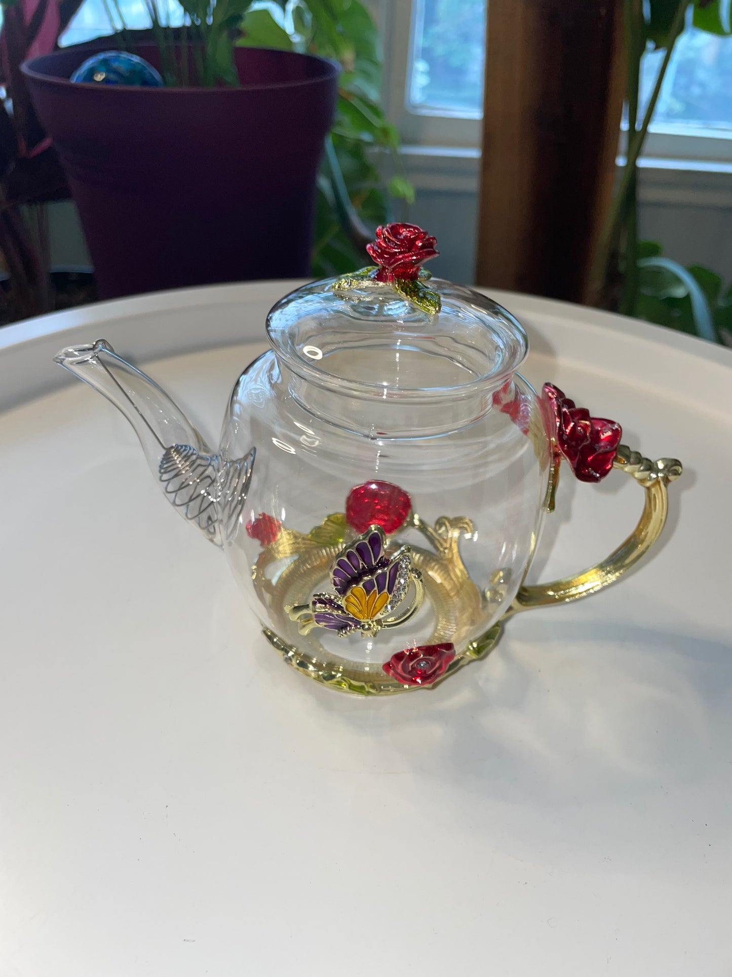 Glass Rose Tea Pot