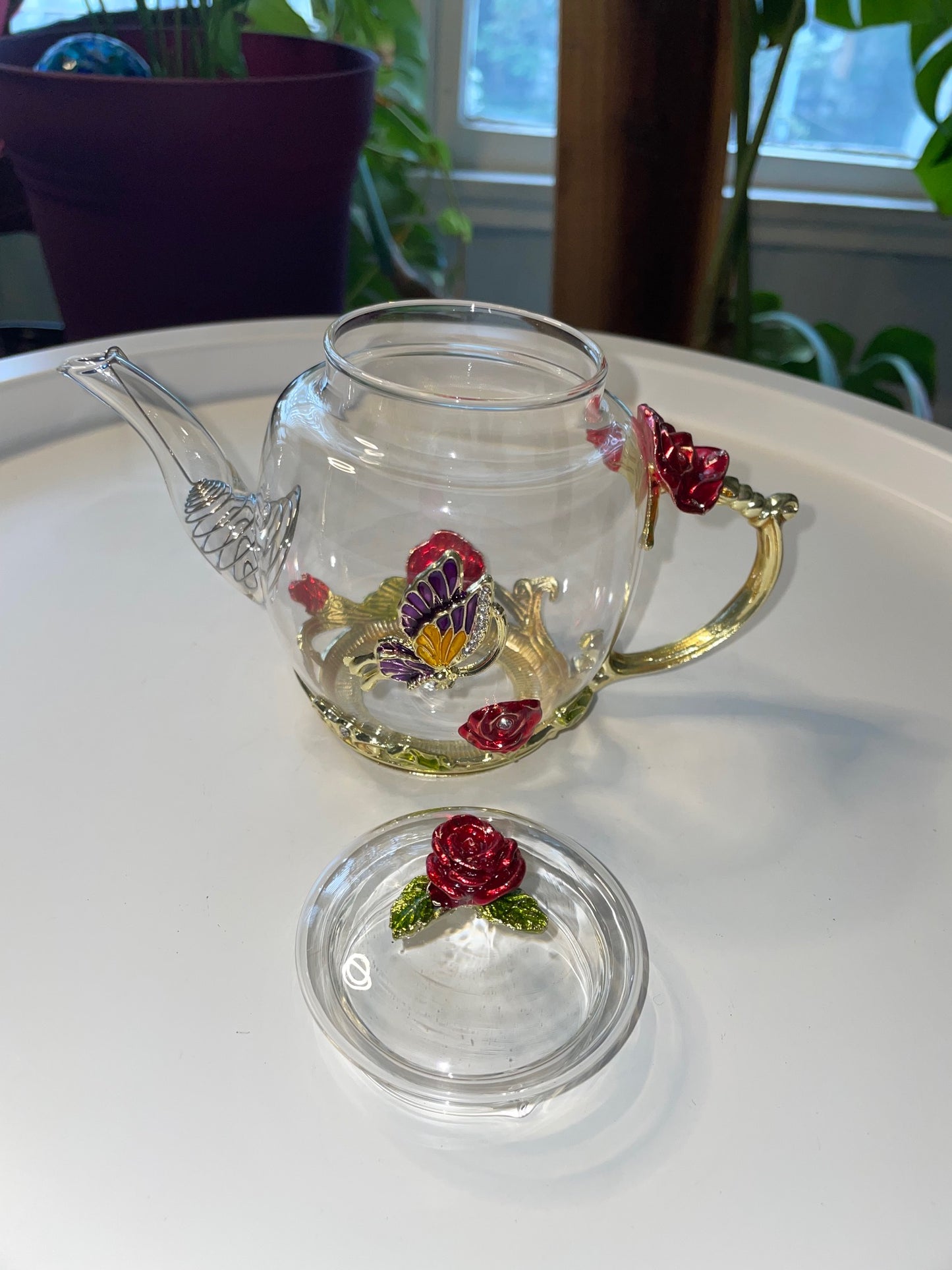 Glass Rose Tea Pot